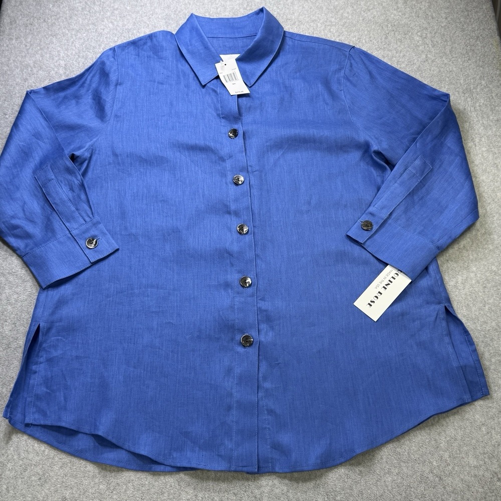 Caroline Rose Linen Button Front Tunic Top Blue MP NWT Made USA 100% Linen $275!